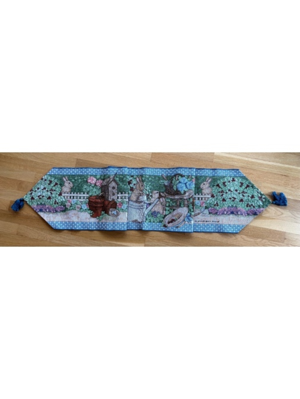 Vintage Woven Tapestry Table Runner Spring Easter Bunny Birdhouse Garden 54”X13”